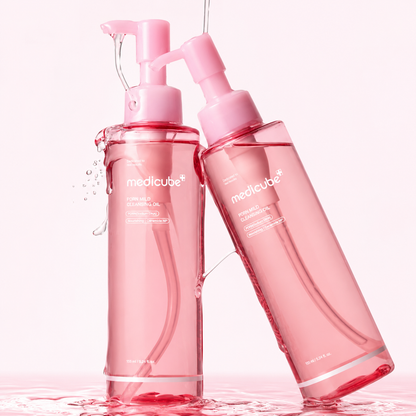 Medicube PDRN Mild Cleansing Oil two bottles with water splash